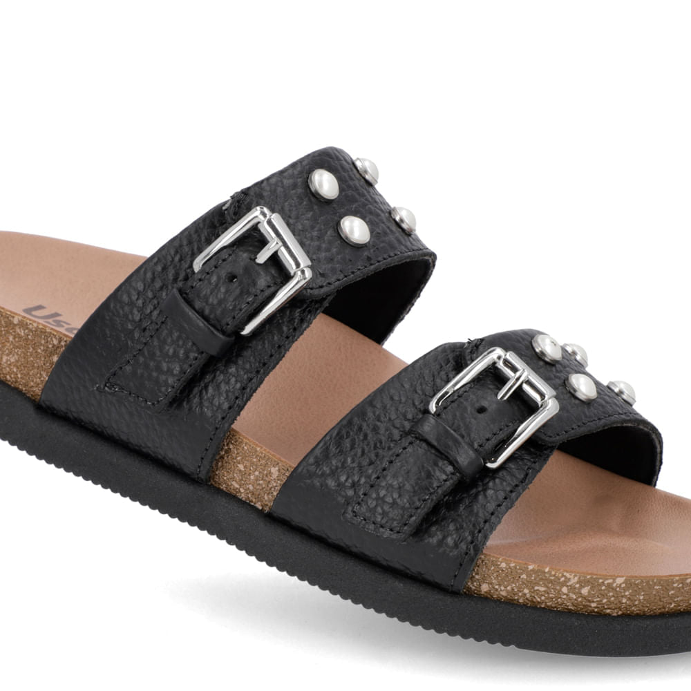Slide Birken Preto Couro Enfeite