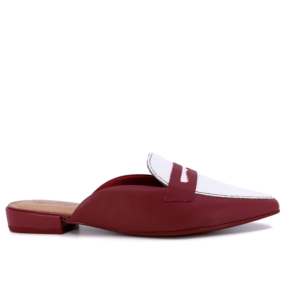Mule Vermelho Branco Bico Fino Couro