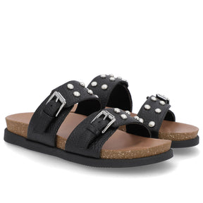 Slide Birken Preto Couro Enfeite