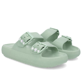 Slide Plataforma Poofy Verde Eva Fivela Brilho