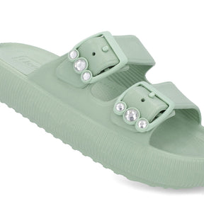 Slide Plataforma Poofy Verde Eva Fivela Brilho